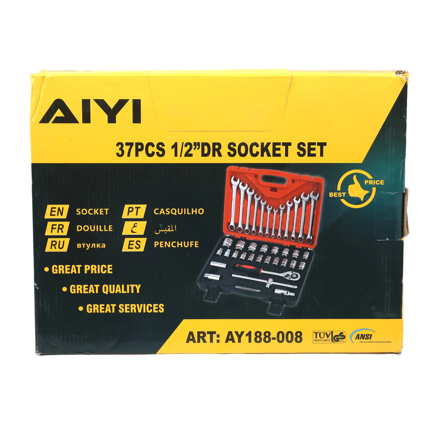 AIYI 37-Piece 1/2 Inch Socket & Combination Spanner Set with Ratchet AY188-008