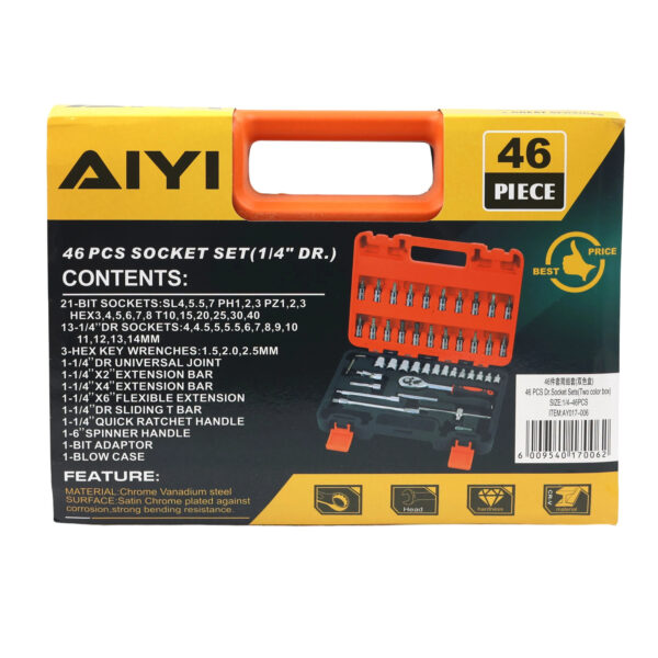 AIYI 46 Piece 1/4-Inch Socket & Bit Set CR-V with Carry Case AY017-006