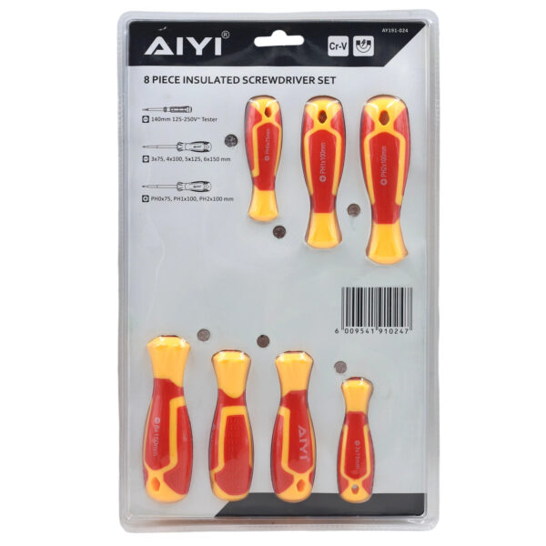 AIYI 8-Piece Insulated Screwdriver Set – 1000V, CR-V, Magnetic Tips with Voltage Tester AY191-024