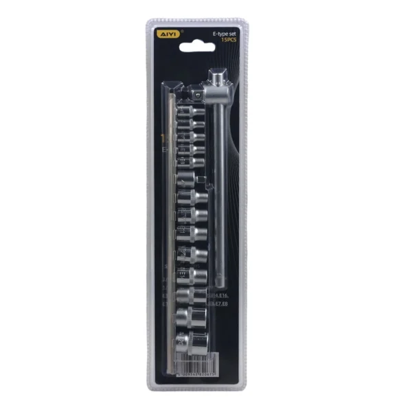 AIYI E-Torx Socket Set 15-Piece, CR-V, External Star Sockets with Sliding T-Bar & Adapter AY282-675