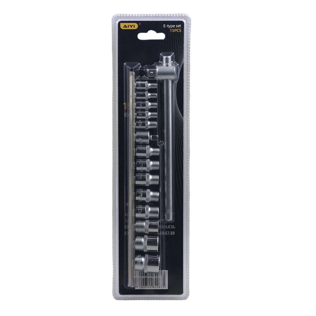 AIYI E-Torx Socket Set 15-Piece, CR-V, External Star Sockets with Sliding T-Bar & Adapter AY282-675