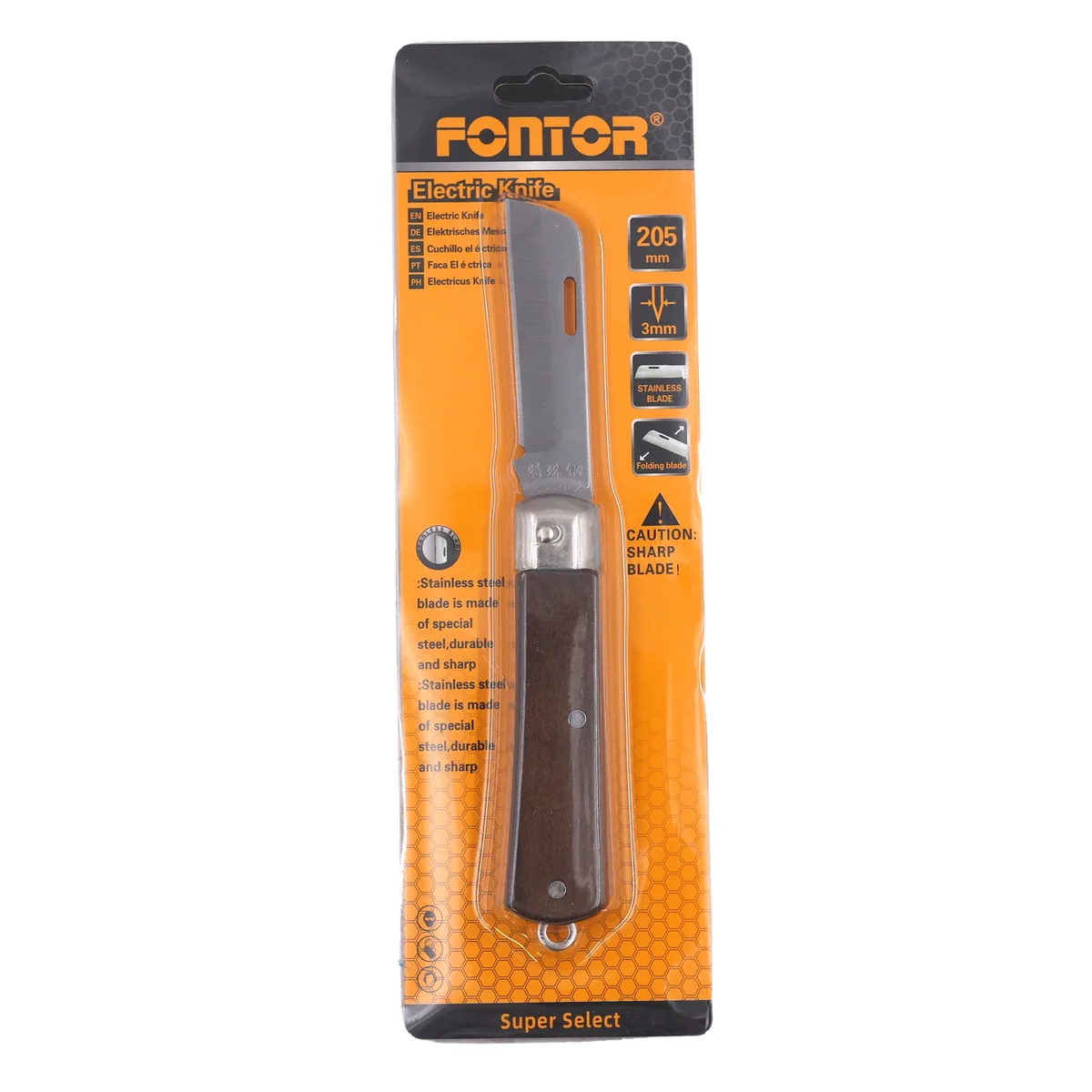 Folding Electrician Knife 205mm - Stainless Steel Utility Cable Knife with Wooden Handle AY002-004