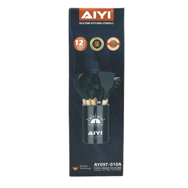 AIYI 12-Piece Silicone Kitchen Utensil Set with Wooden Handles and Storage Holder AY097-010