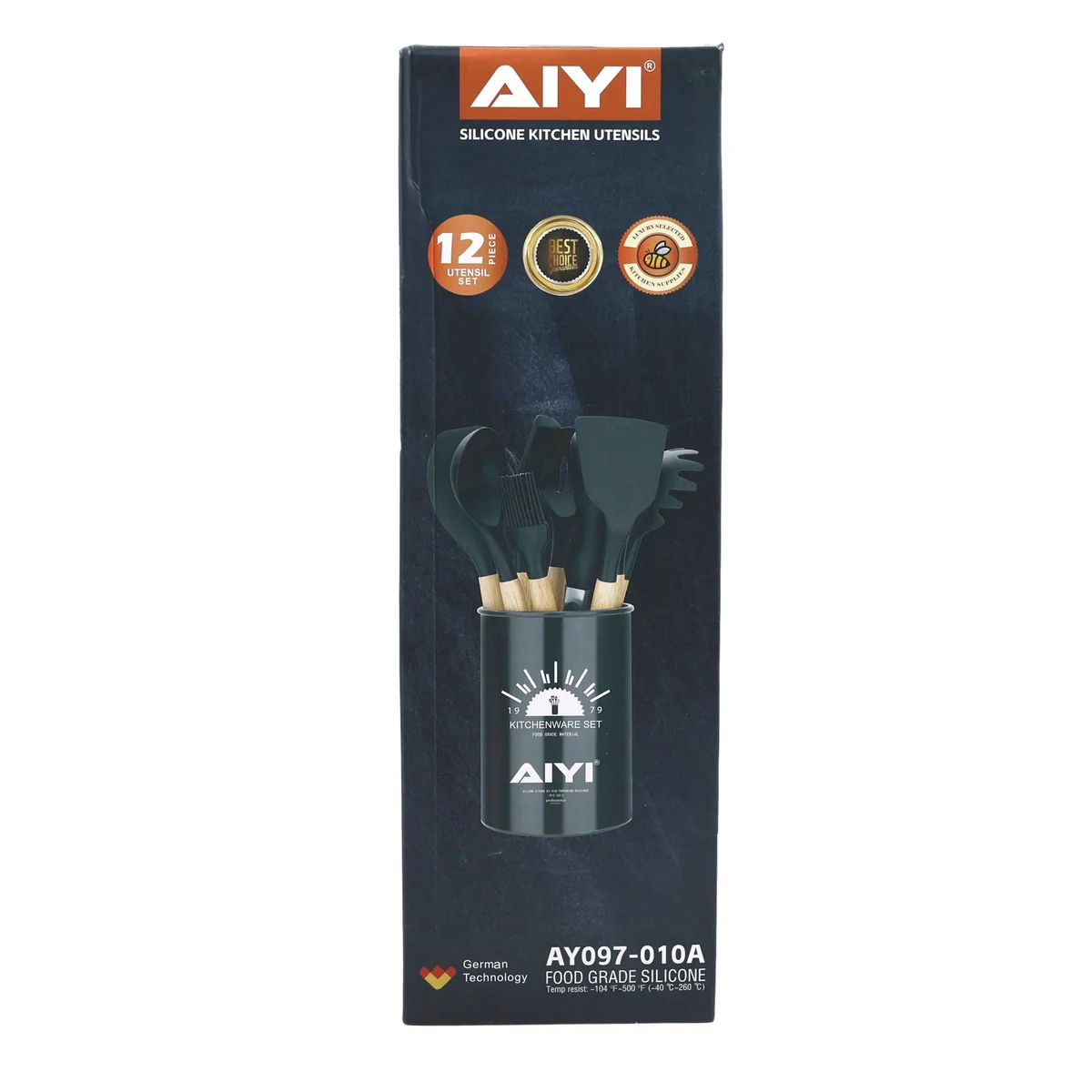 AIYI 12-Piece Silicone Kitchen Utensil Set with Wooden Handles and Storage Holder AY097-010 - Image 3