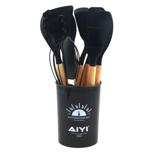 AIYI 12-Piece Silicone Kitchen Utensil Set with Wooden Handles and Storage Holder AY097-010