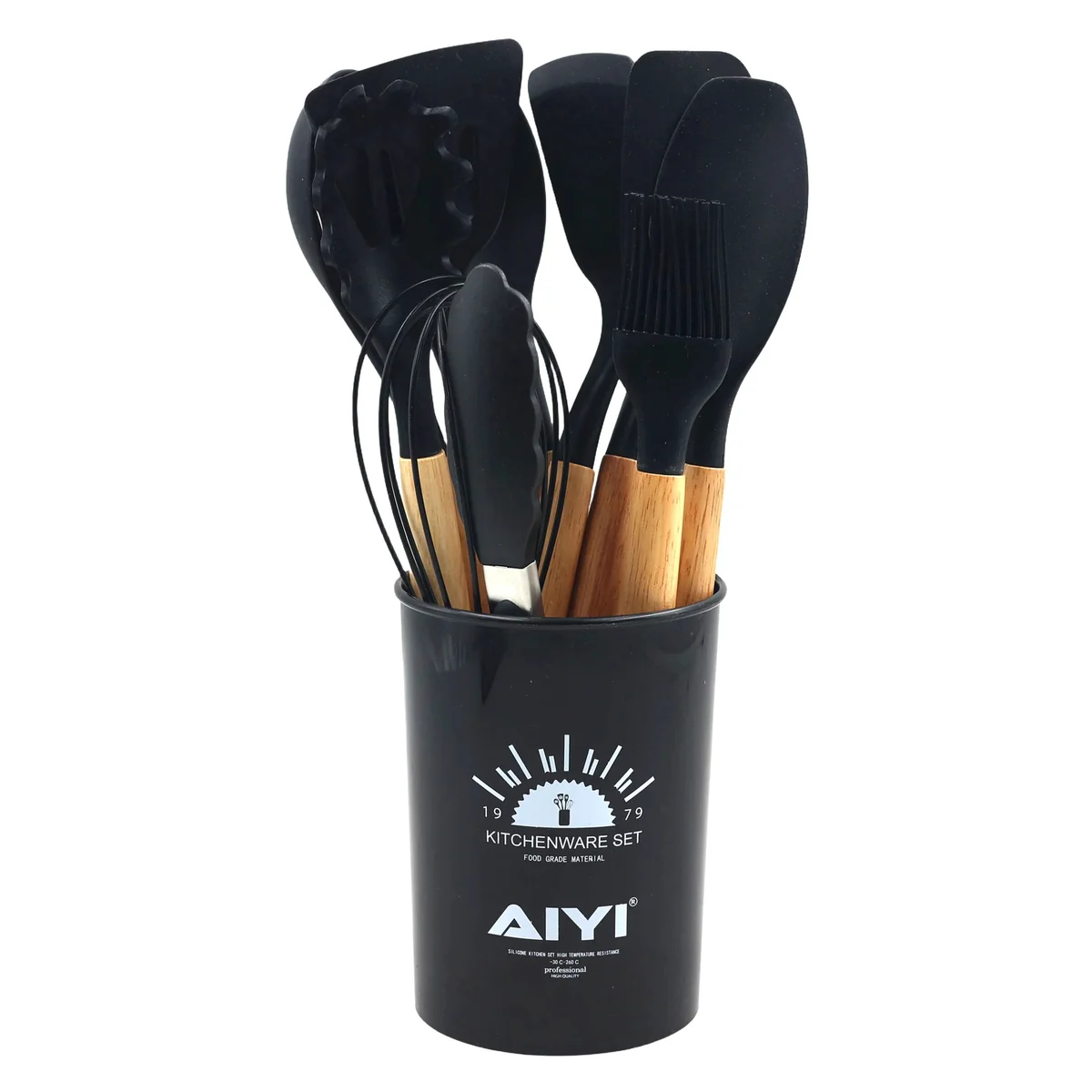 AIYI 12-Piece Silicone Kitchen Utensil Set with Wooden Handles and Storage Holder AY097-010