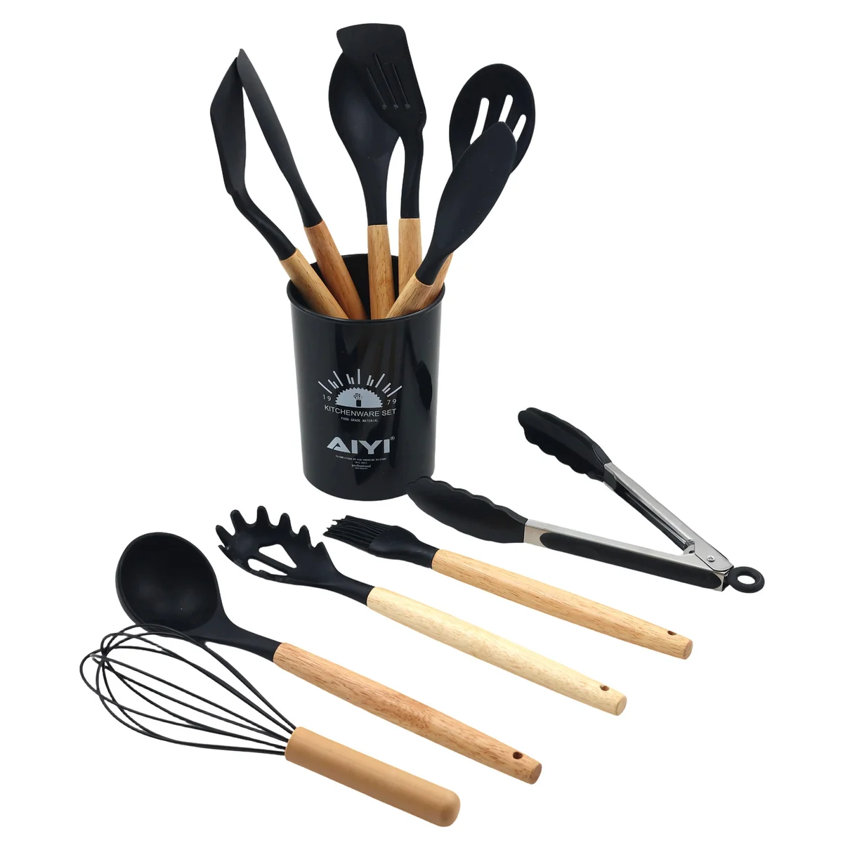 AIYI 12-Piece Silicone Kitchen Utensil Set with Wooden Handles and Storage Holder AY097-010 - Image 2