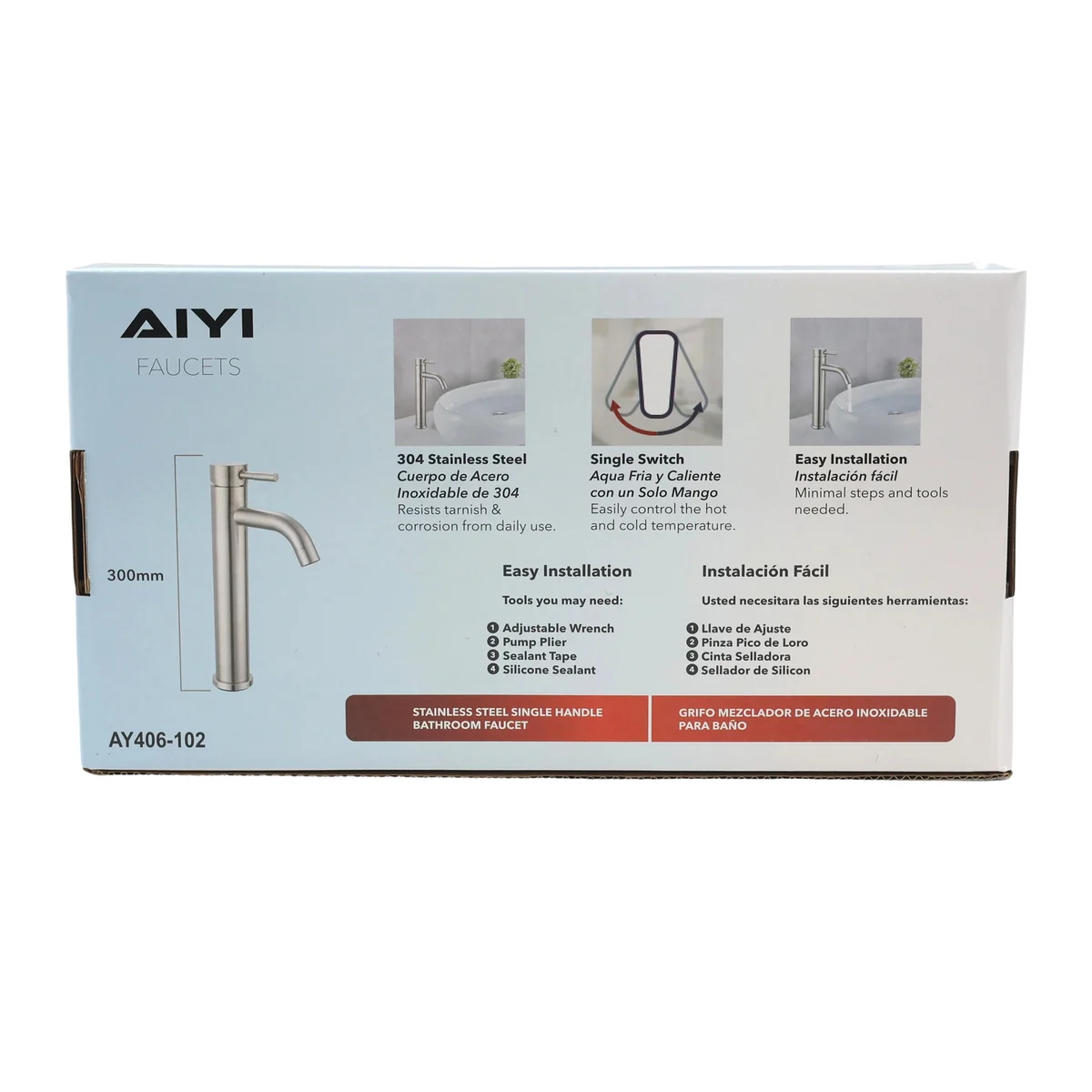 AIYI Tall Basin Mixer Tap - Brushed Stainless Steel SUS304 AY406-102 - Image 6