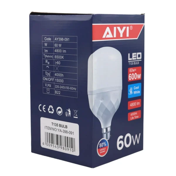 AIYI B22 LED Bulb 60W, Extra Large T135 13.5cm Wide, 6500K Cool White, 4800LM Lamp AY398-091