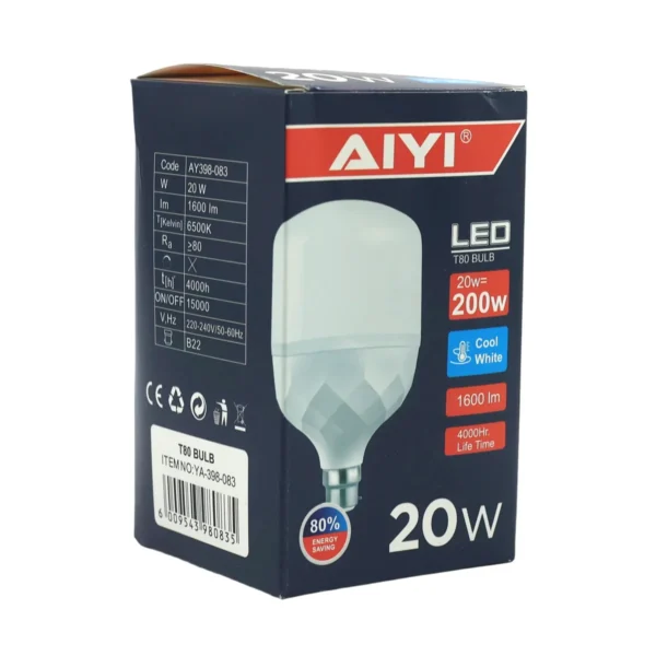 AIYI B22 LED Bulb 20W, Large T80 8cm Wide, 6500K Cool White, 1600LM Lamp AY398-083