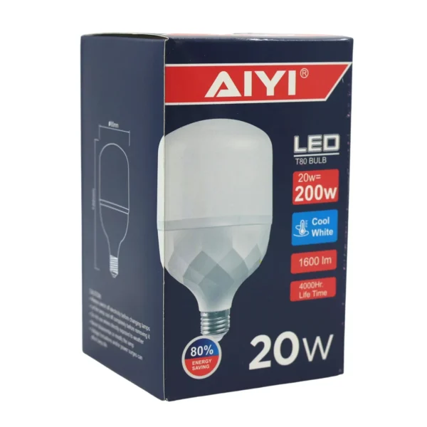 AIYI E27 LED Bulb 20W, Large T80 8cm Wide, 6500K Cool White, 1600LM Lamp AY398-082