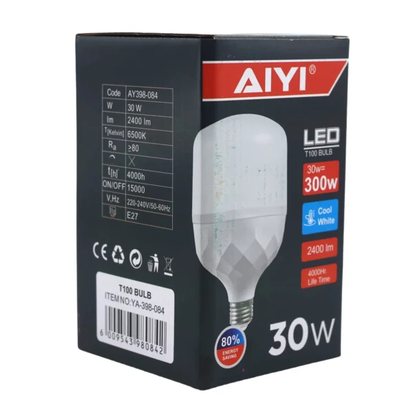 AIYI E27 LED Bulb 30W, Large T100 10cm Wide, 6500K Cool White, 2400LM Lamp AY398-084