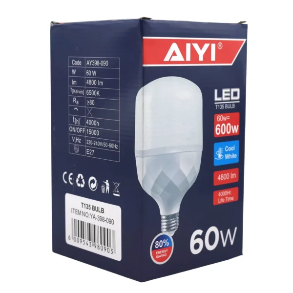 AIYI E27 LED Bulb 60W, Extra Large T135 13.5cm Wide, 6500K Cool White, 4800LM Lamp AY398-090
