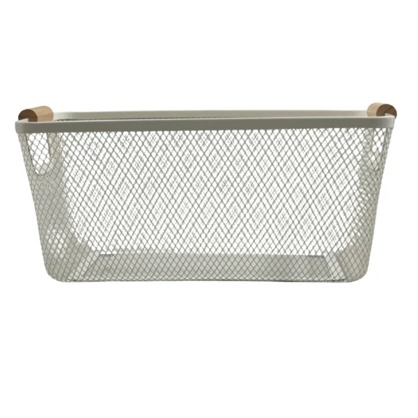 Metal Storage Basket with Wooden Handles, Wire Organiser Tray White AY398-029