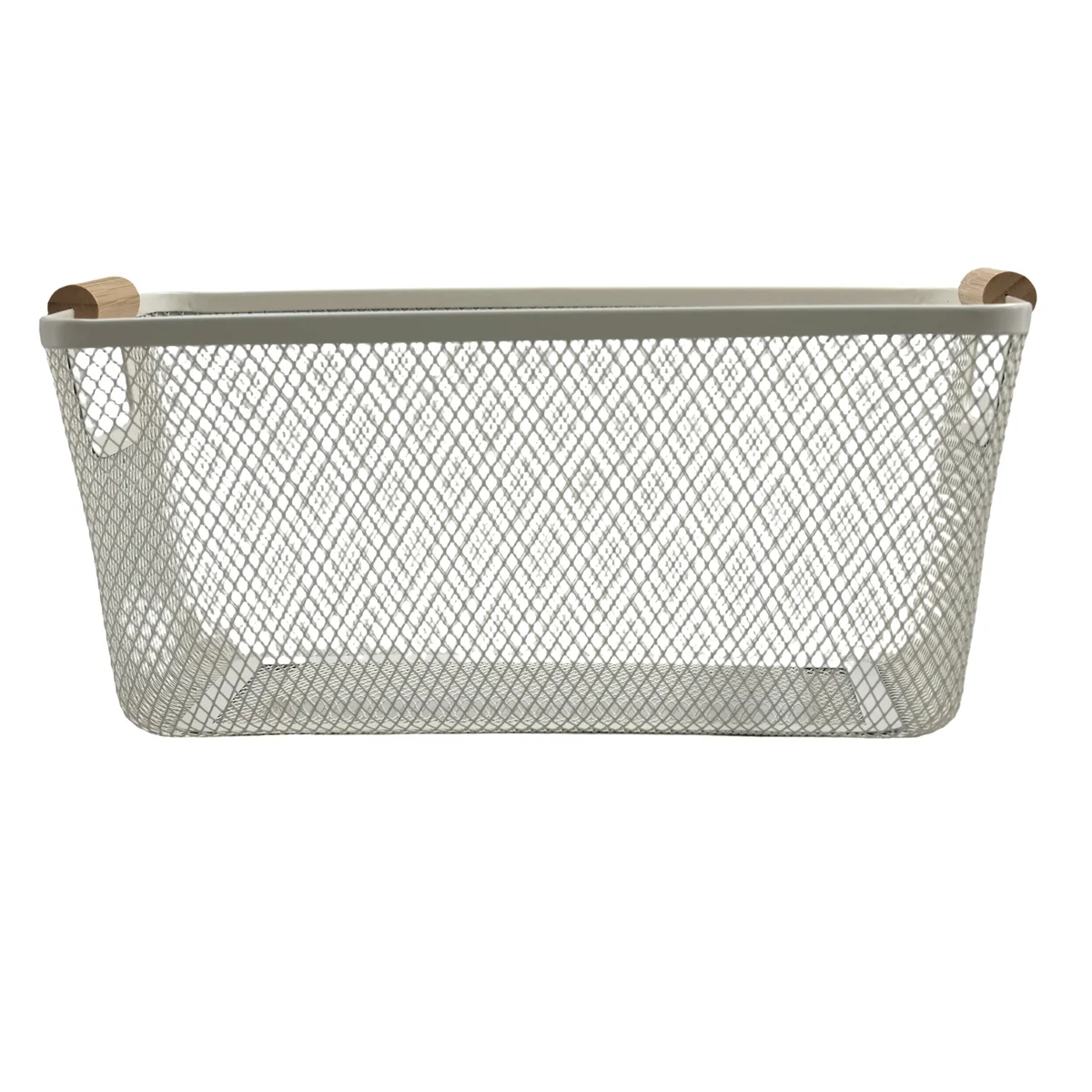 Metal Storage Basket with Wooden Handles, Wire Organiser Tray White AY398-029