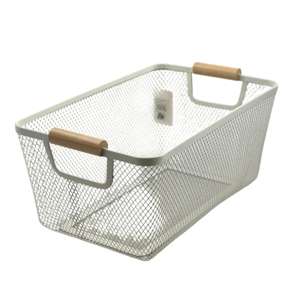 Metal Storage Basket with Wooden Handles, Wire Organiser Tray White AY398-029