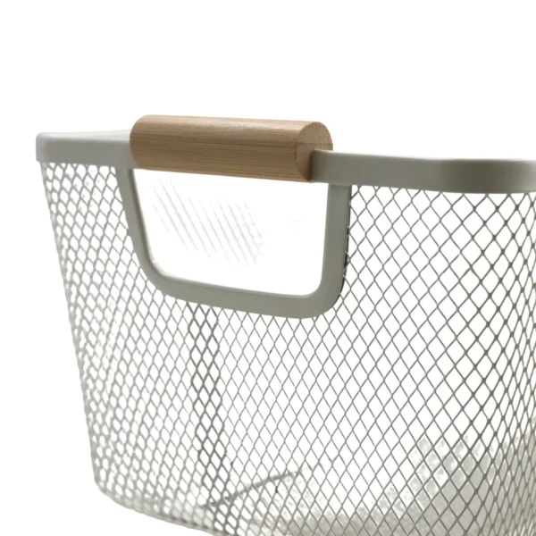 Metal Storage Basket with Wooden Handles, Wire Organiser Tray White AY398-029