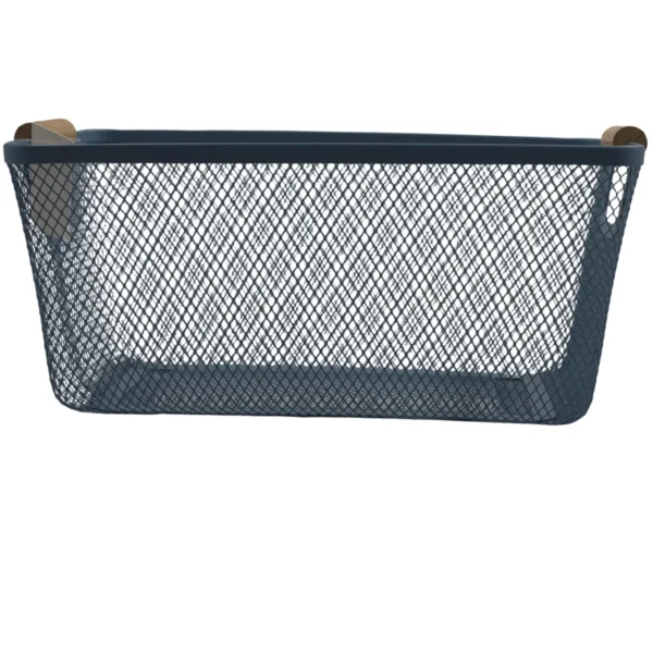 Metal Storage Basket with Wooden Handles, Wire Organiser Tray Blue AY398-029