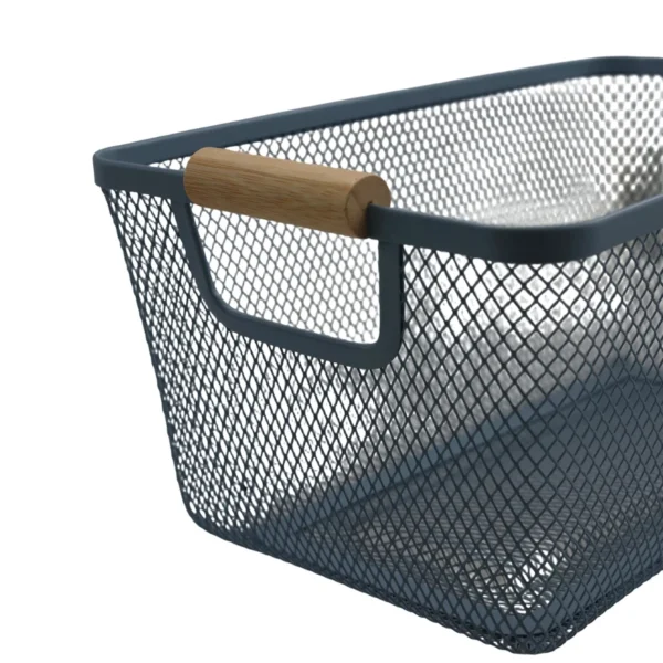 Metal Storage Basket with Wooden Handles, Wire Organiser Tray Blue AY398-029