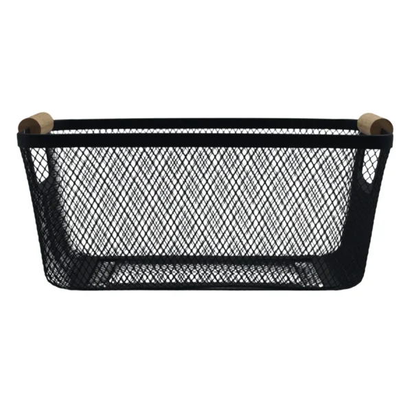 Metal Storage Basket with Wooden Handles, Wire Organiser Tray Black AY398-028