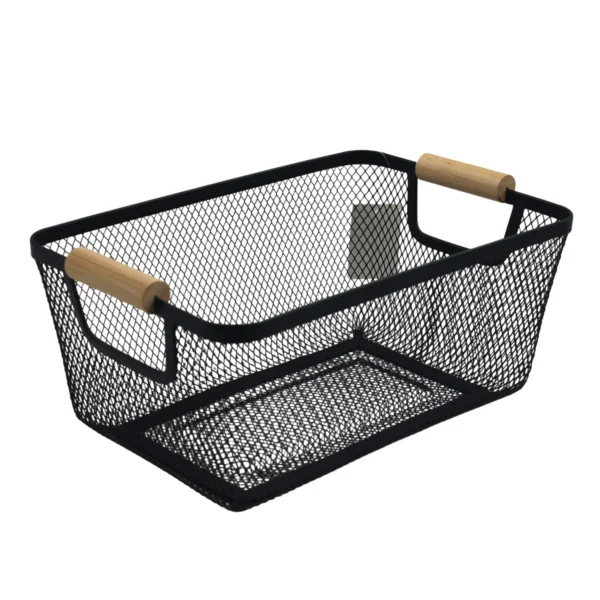 Metal Storage Basket with Wooden Handles, Wire Organiser Tray Black AY398-028