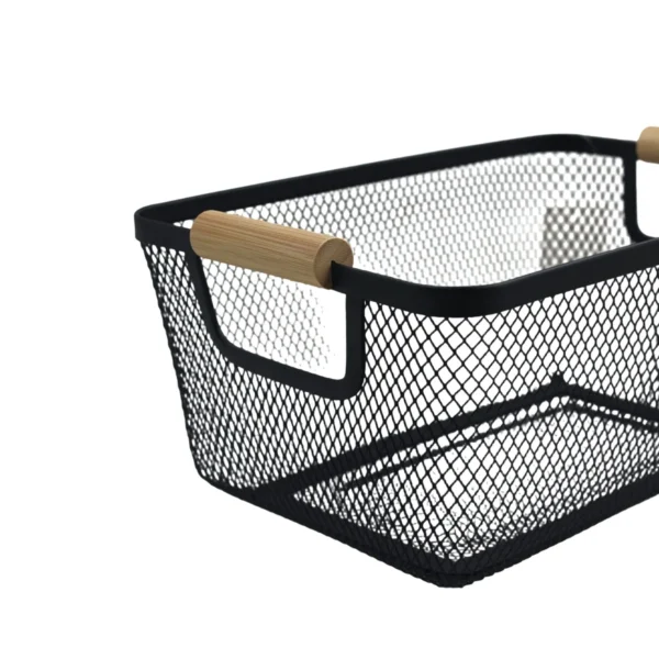 Metal Storage Basket with Wooden Handles, Wire Organiser Tray Black AY398-028