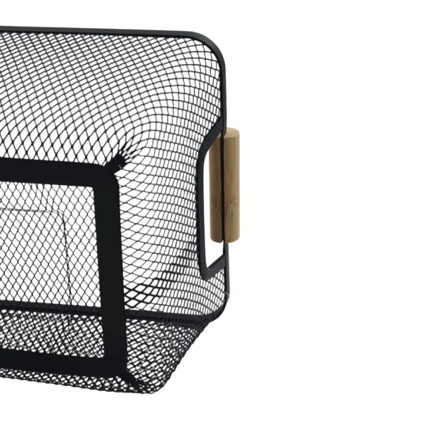 Metal Storage Basket with Wooden Handles, Wire Organiser Tray Black AY398-028