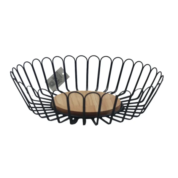 Metal Fruit Basket with Wooden Base, Decorative Storage Bowl AY389-008