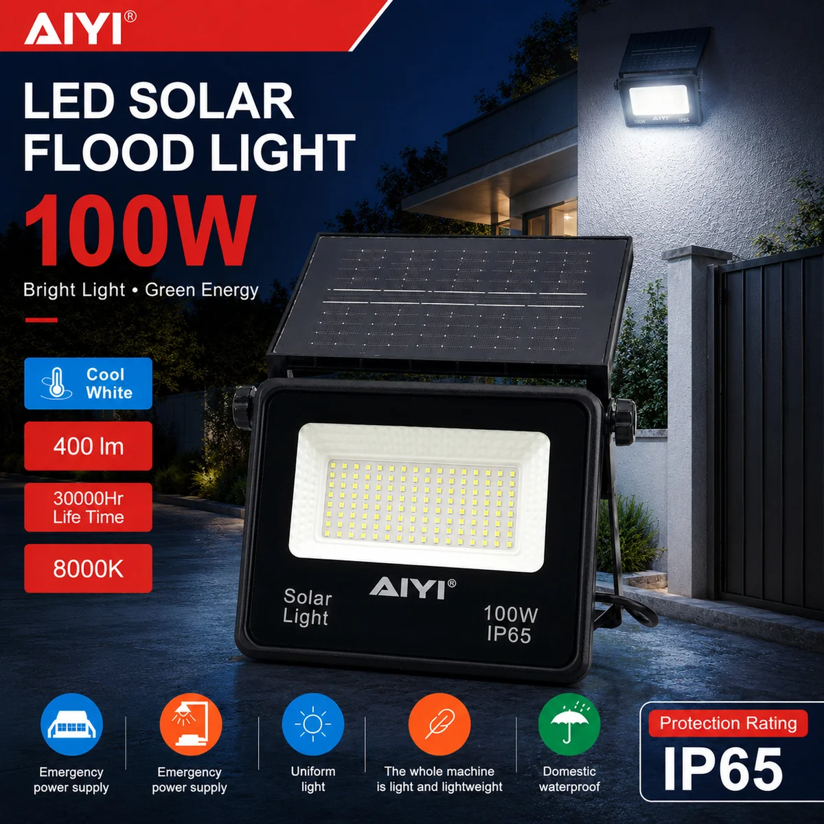 AIYI 100W Foldable Solar Flood Light With Panel 400LM IP65 Outdoor Light AY399-050 - Image 5