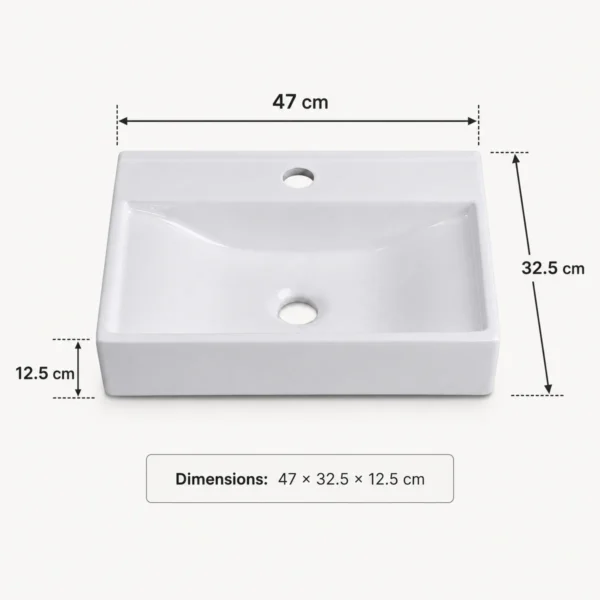 Rectangular White Ceramic Bathroom Basin 47 x 32.5 x 12.5 cm